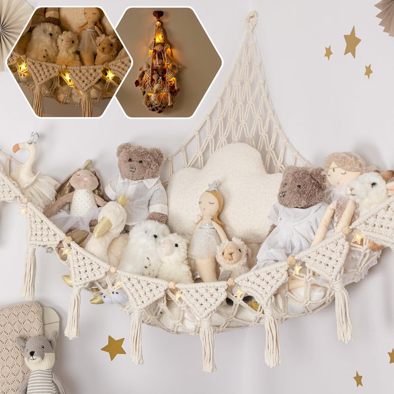 TIDYTEDS Macrame DreamLights Boho Stuffed Animal Storage Net Hammock Extra Large Plush Toy Storage Holder For Small Or Large Plushies Cream - Image 1
